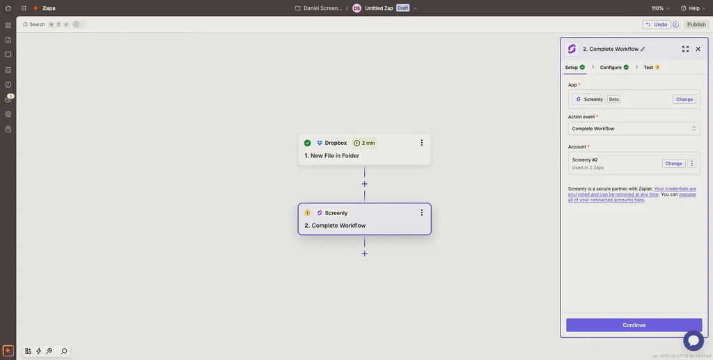 The Dropbox-Zapier Screenly Action set up stage.
