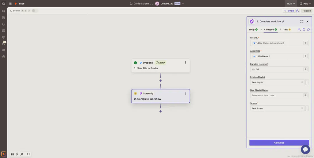 The Dropbox app configure stage in Zapier.