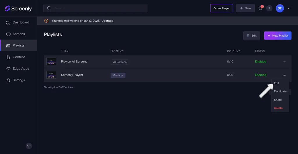 The Edit option tab in the playlist settings menu