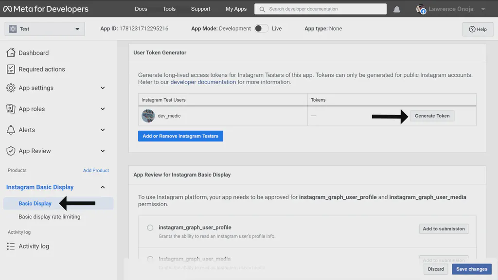 Instagram Basic Display User token generator page