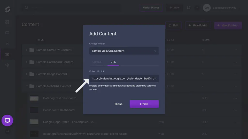 The popup modal to add the Google Calendar URL as a new content item.