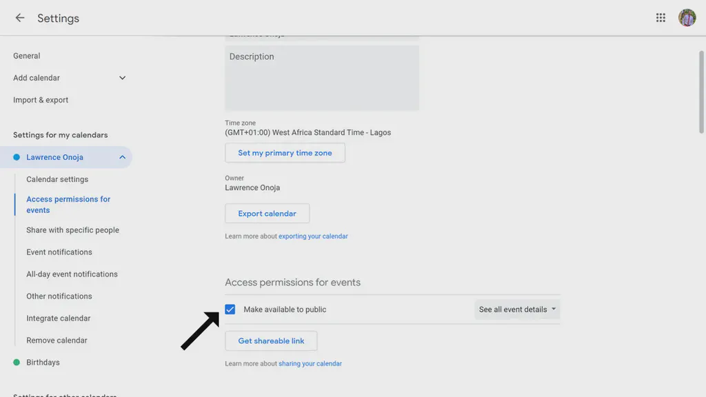 The Google Calendar settings showing checkbox to make calendar URL public