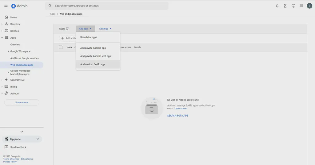 Google Workspace SAML setup step 3.