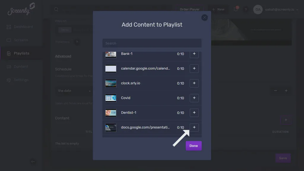 The popup modal to add the Google Slides content to playlist.