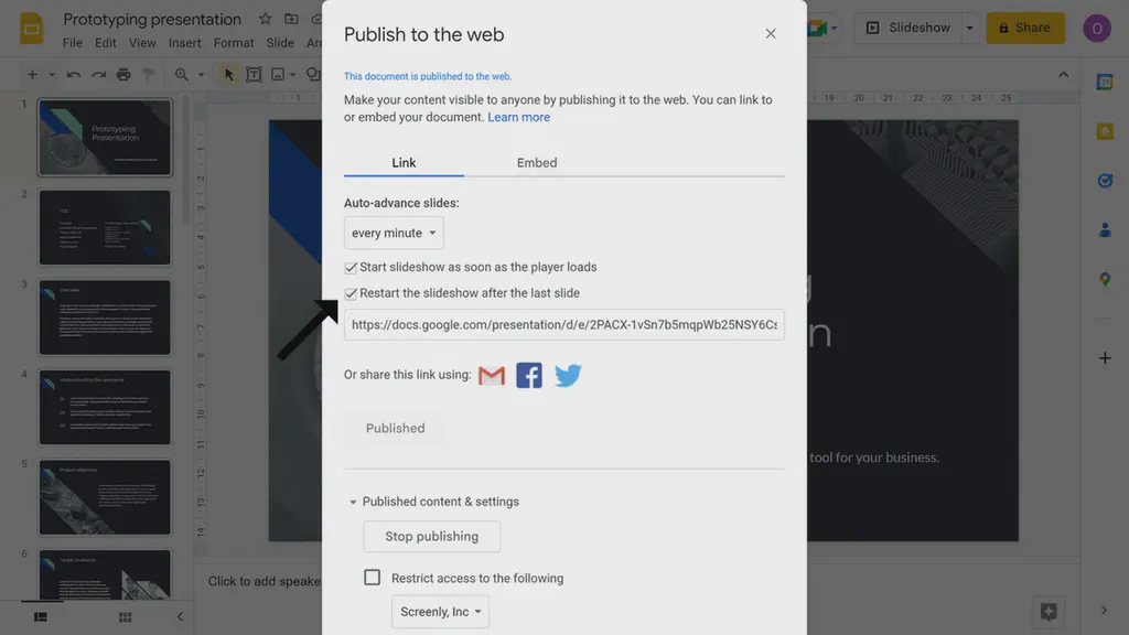 A popup modal showing the Google Slides publishing settings