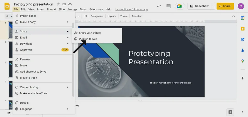 The Google Slides side menu showing the publish to web option.