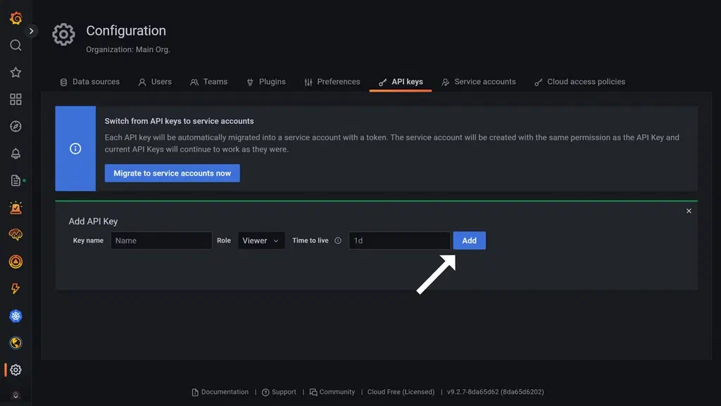 The Grafana API keys page