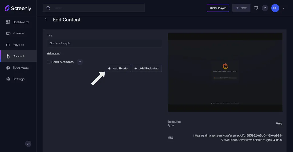The content configuration page to add authorization headers