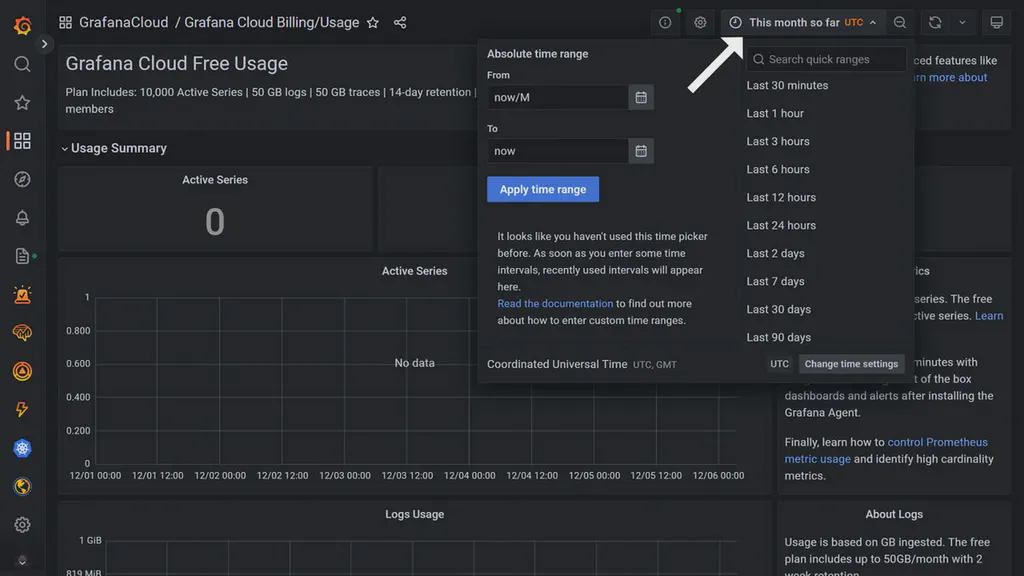 Menu showing timeranges that can be set for grafana dashboard