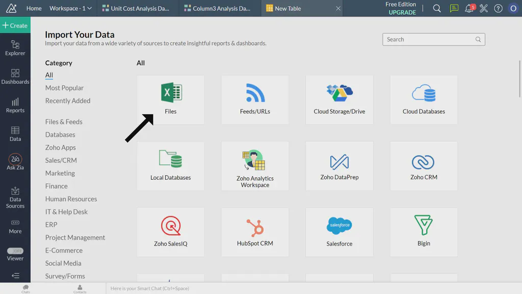 An image showing a Zoho analytics page with data sources for creating dashboards including the Files Upload option