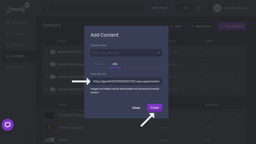 The popup modal to add the Appdynamics dashboard URL as a new content item.