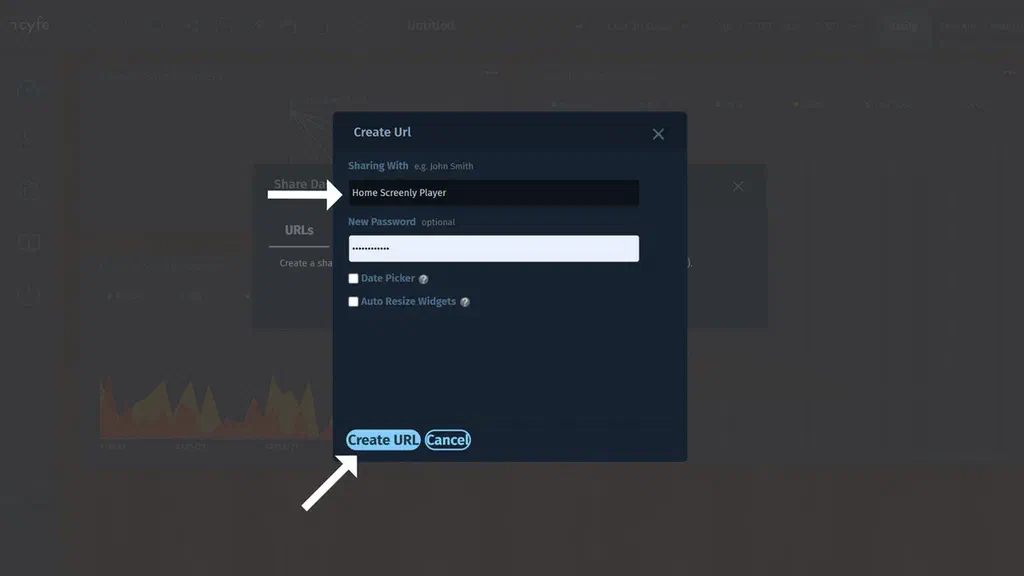 Pop-up modal in cyfe with input fields for dashboard share link details