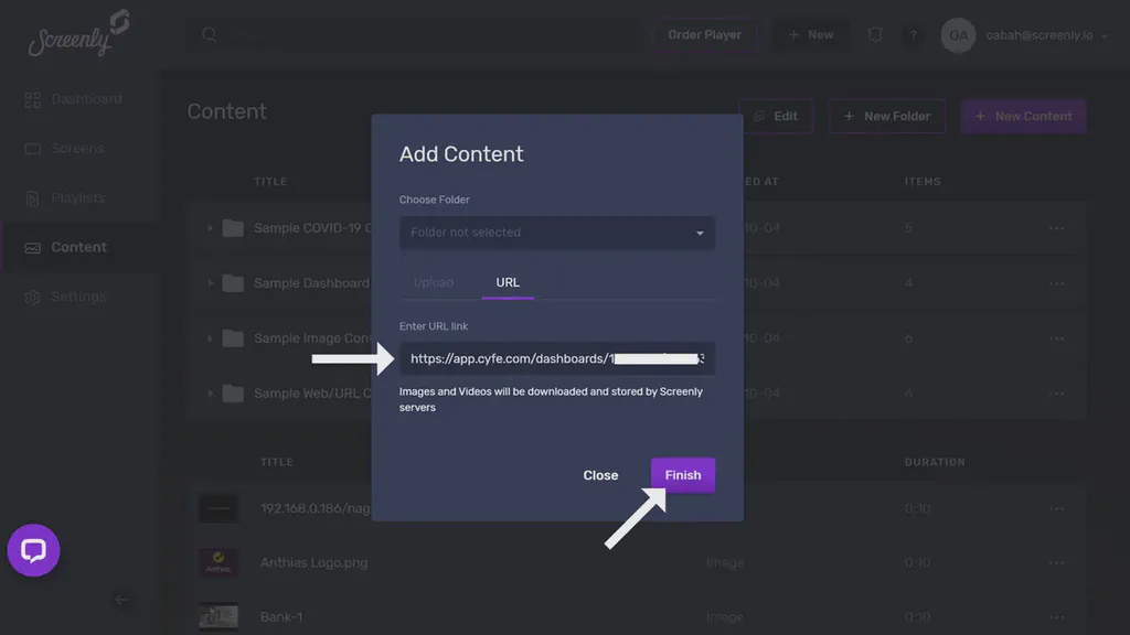The popup modal to add the Cyfe dashboard URL as a new content item.