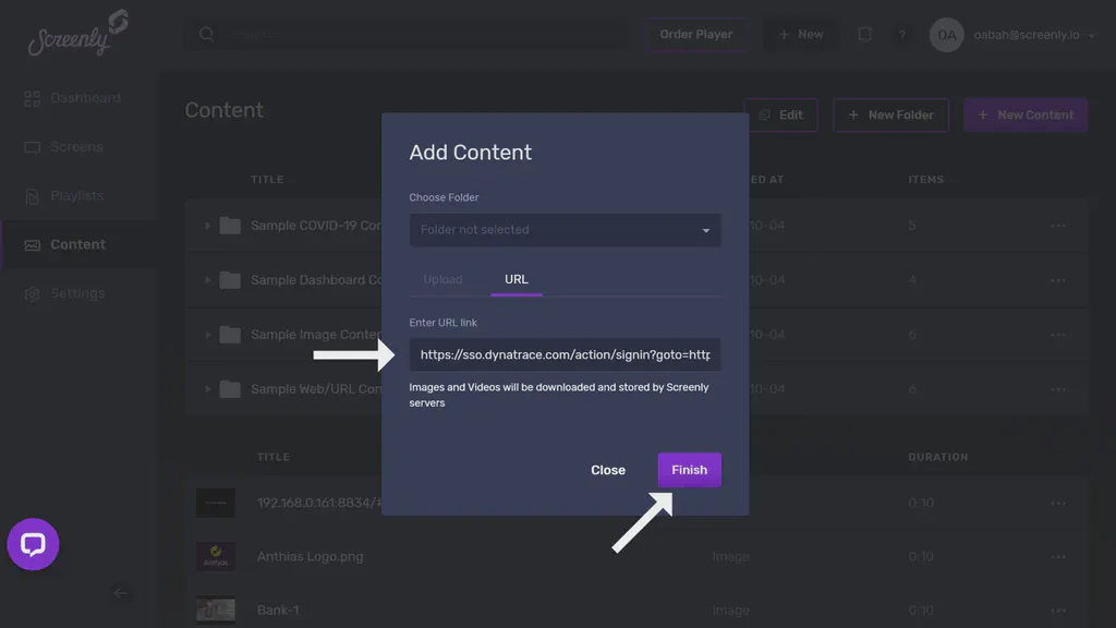 The popup modal to add the Dynatrace dashboard URL as a new content item.