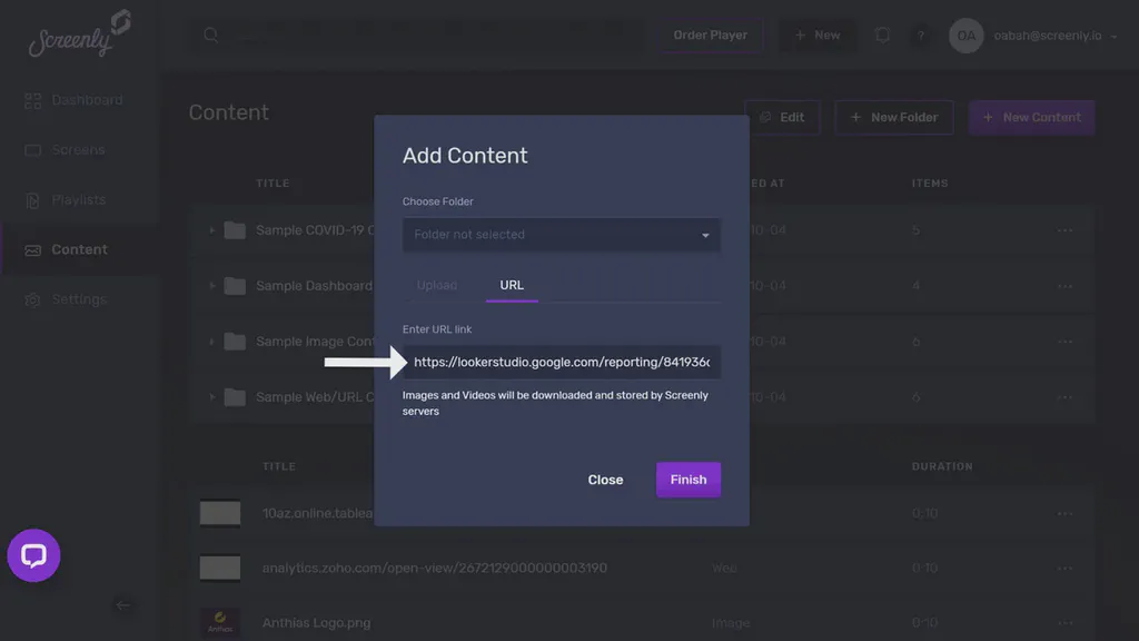 The popup modal to add the Looker dashboard URL as a new content item.