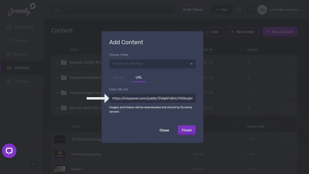 The popup modal to add the Mixpanel board URL as a new content item.