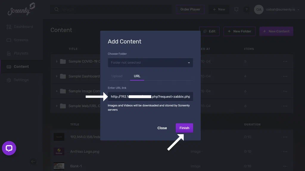 The popup modal to add the Zabbix dashboard URL as a new content item.