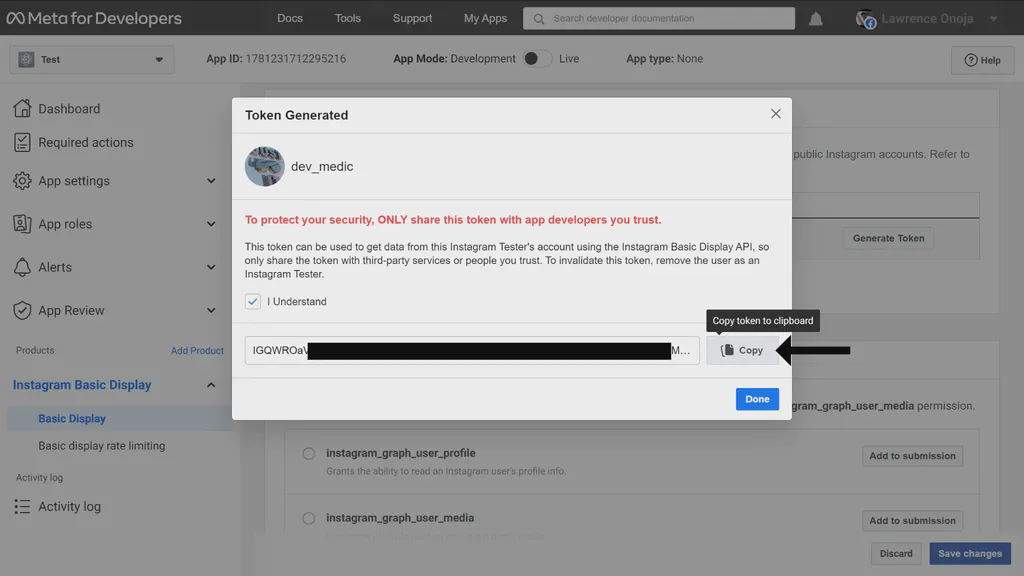 Pop-up modal to copy Instagram Basic Display API token