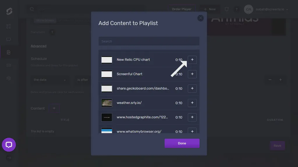 The popup modal to add the New Relic dashboard content to a playlist