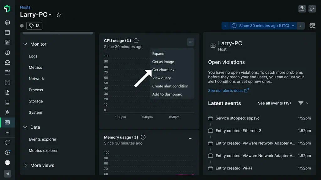 An image showing chart options for a selected New Relic chart