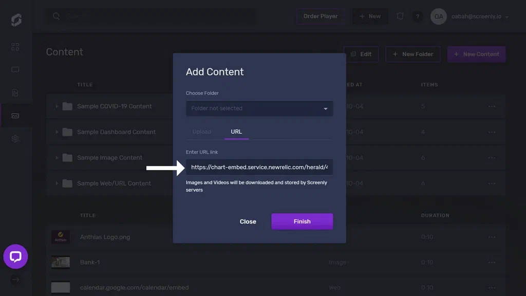 The popup modal to add the New Relic dashboard URL as a new content item.