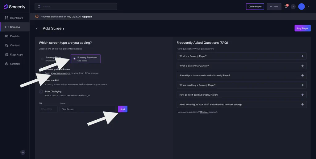 Setting up a new screen inside Screenly.