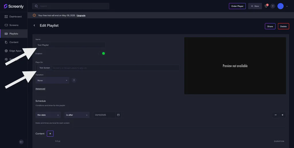 Setting up a playlist inside the Screenly account.