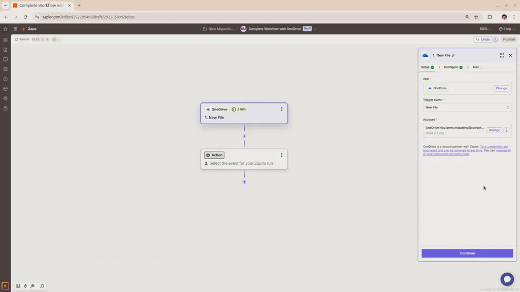 The OneDrive set up stage in Zapier