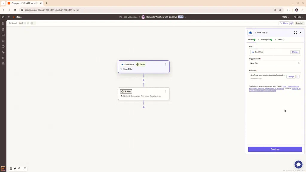 The OneDrive set up stage in Zapier
