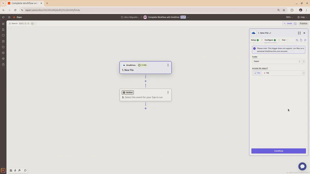 The OneDrive configuration stage in Zapier.