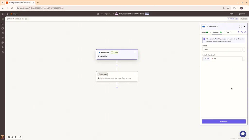The OneDrive configuration stage in Zapier.