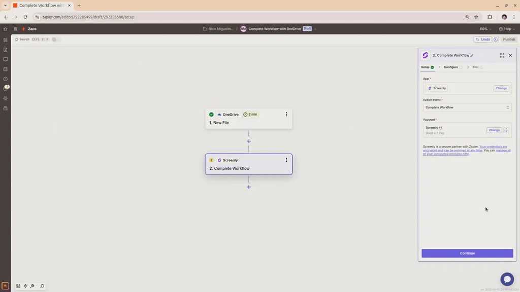 The OneDrive-Zapier Screenly Action set up stage.