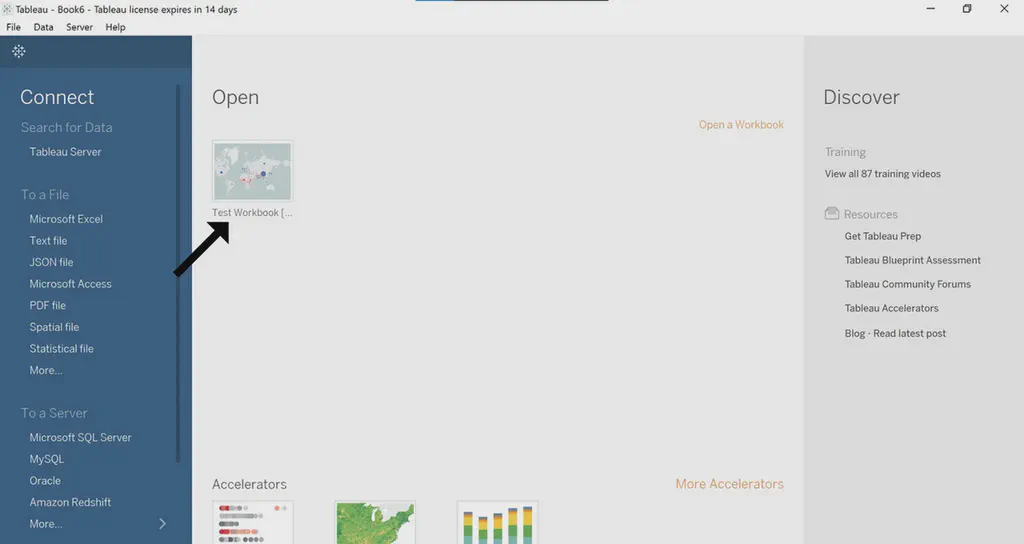 An image showing the Tableau app with workbooks and the left side-menu open