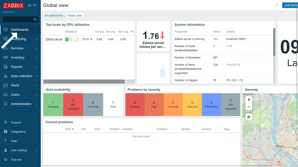 Zabbix account page with left-side menu open
