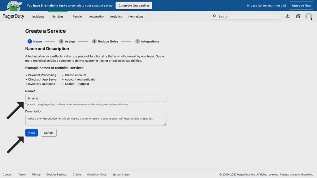The PagerDuty Services name page.