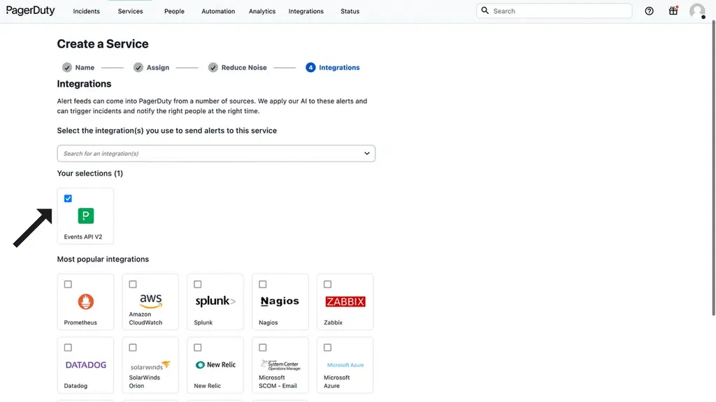 The PagerDuty Services Integrations page.