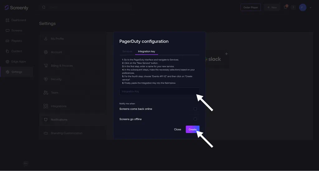 The Screenly interface with the PagerDuty integration setup menu