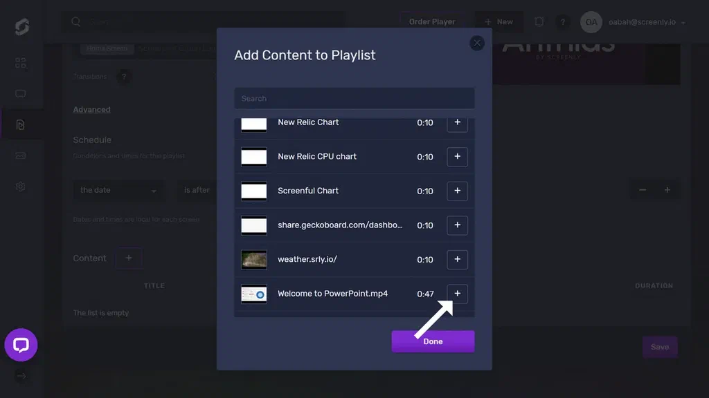 The popup modal to add the Powerpoint content to a playlist
