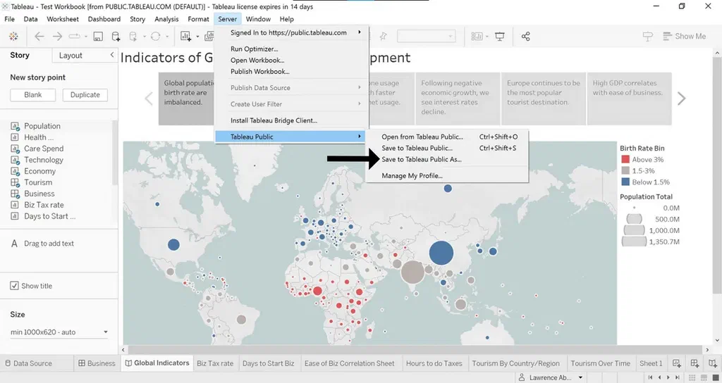 An image showing the Tableau workbook with the Server options open