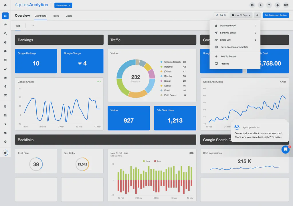 Getting the share link from the AgencyAnalytics dashboard.