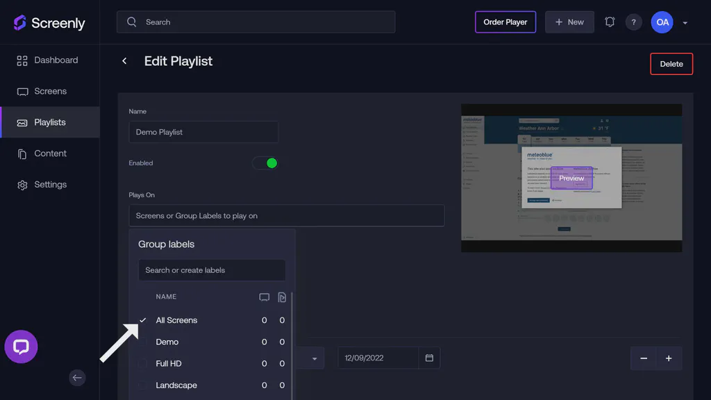 The Edit Playlist page showing a dropdown list of your screens