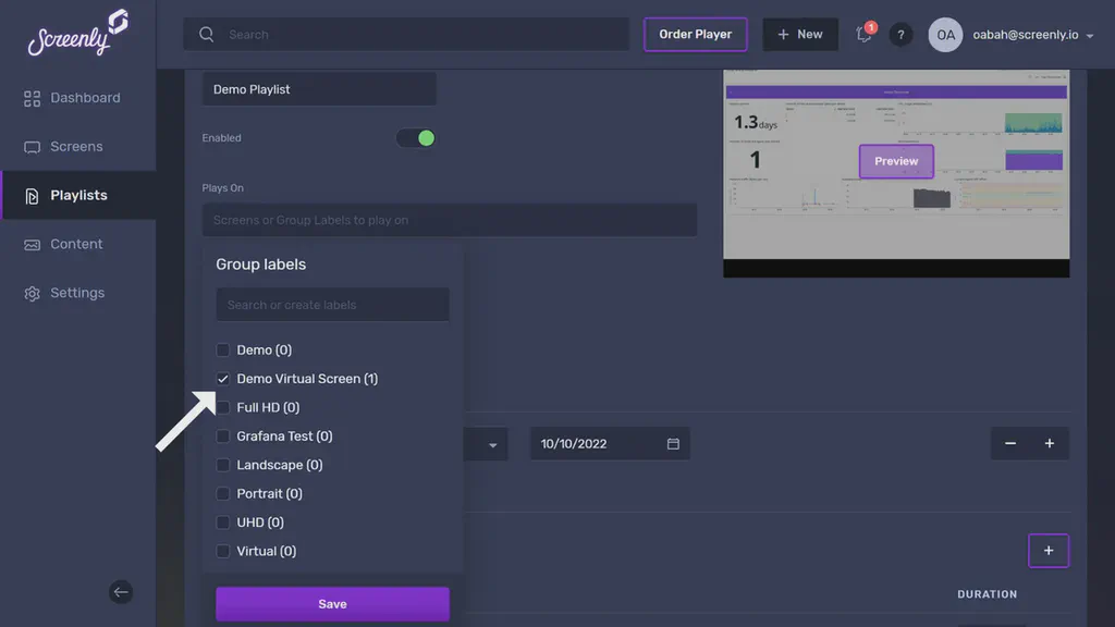 The Edit Playlist page showing a dropdown list of your screens