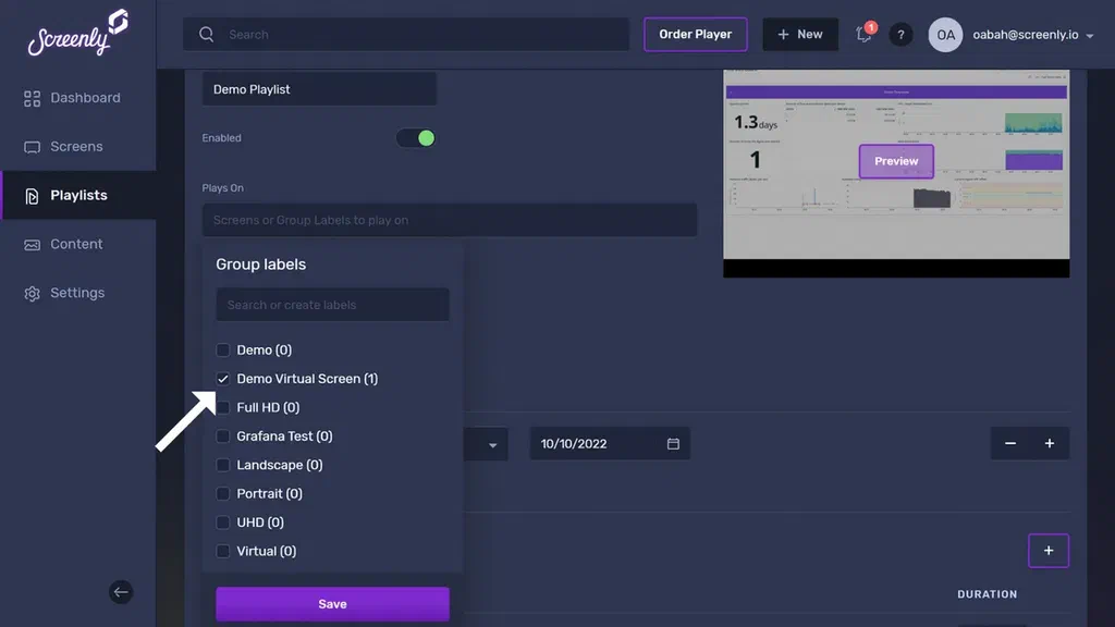 The Edit Playlist page showing a dropdown list of your screens