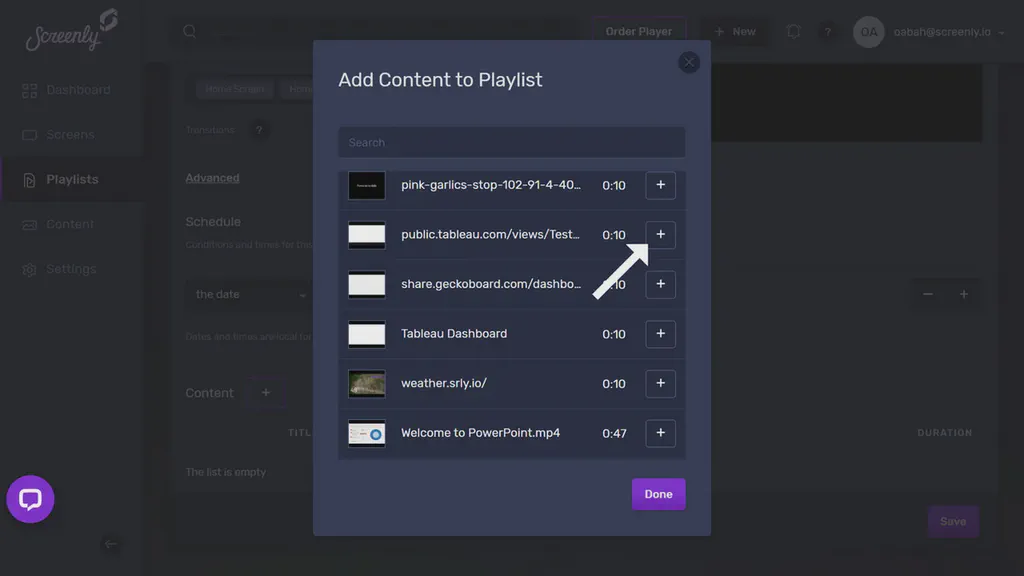 The popup modal to add the Tableau dashboard content to a playlist