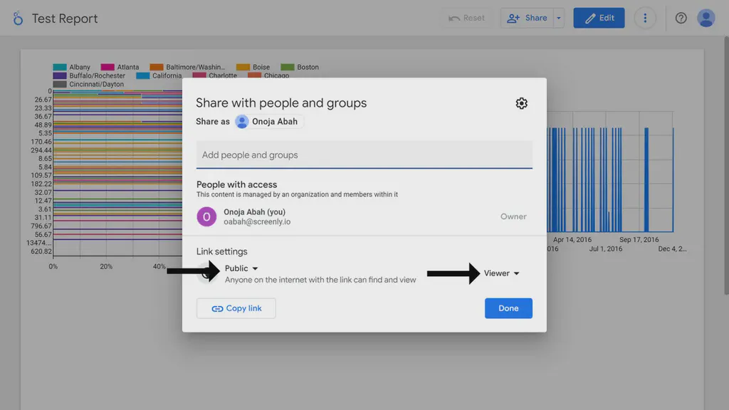 An image showing a Looker report with access permission settings