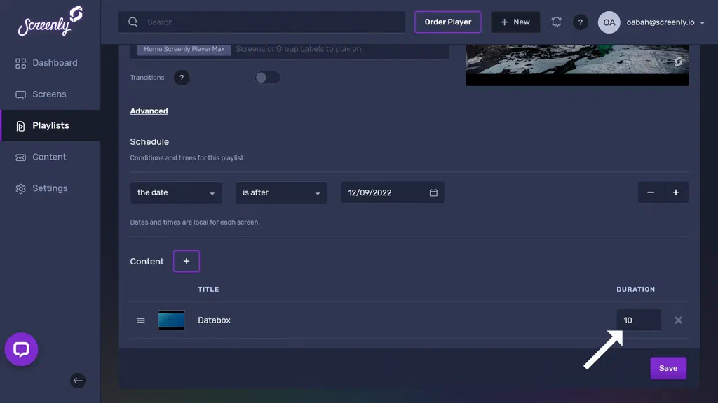 The popup modal to set the duration for the Databox databoard content in the playlist
