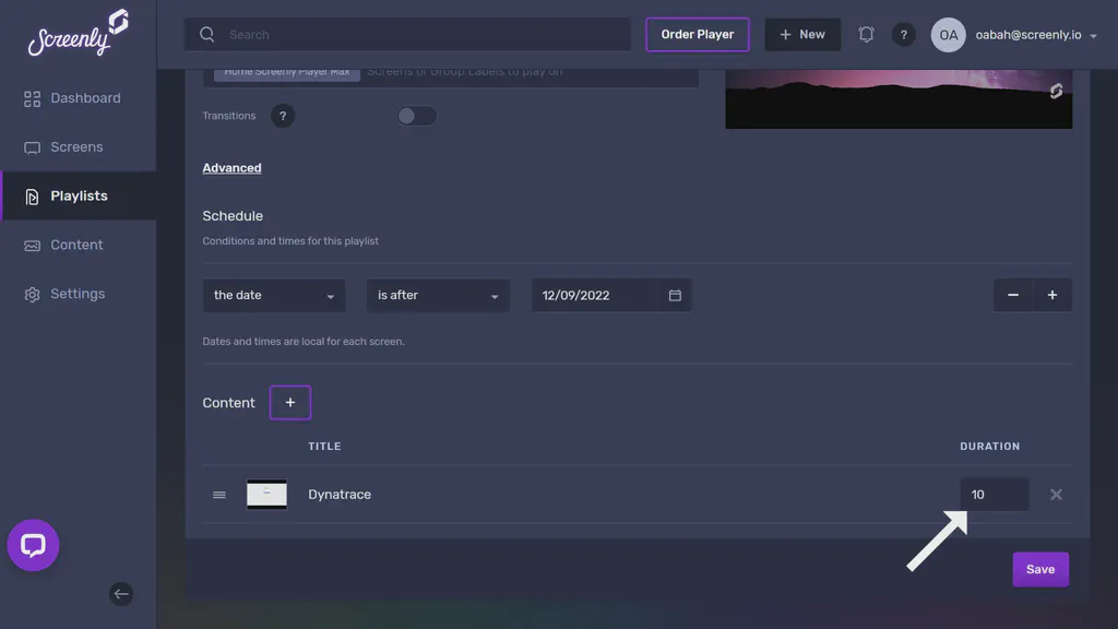 The popup modal to set the duration for the Dynatrace dashboard content in the playlist