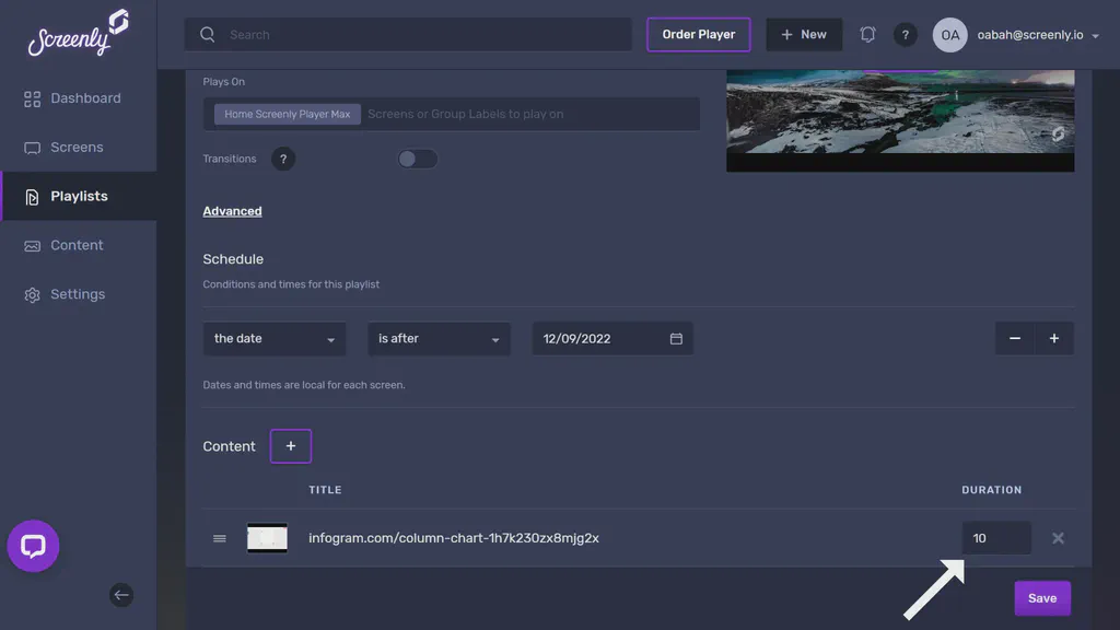 The popup modal to set the duration for the Infogram dashboard content in the playlist