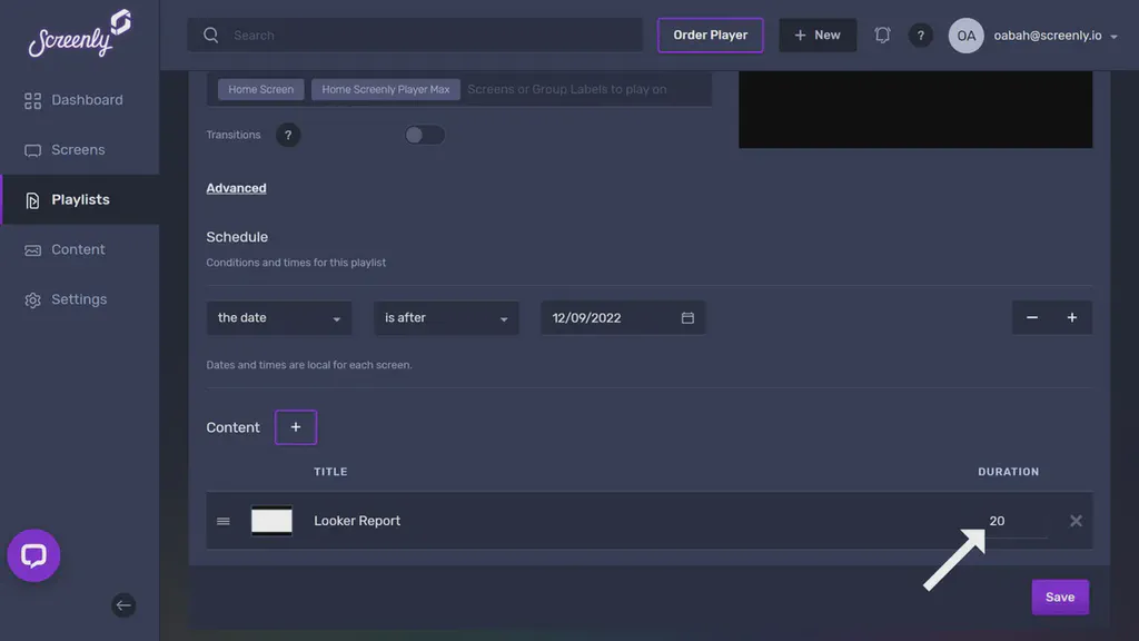The popup modal to set the duration for the Looker dashboard content in the playlist