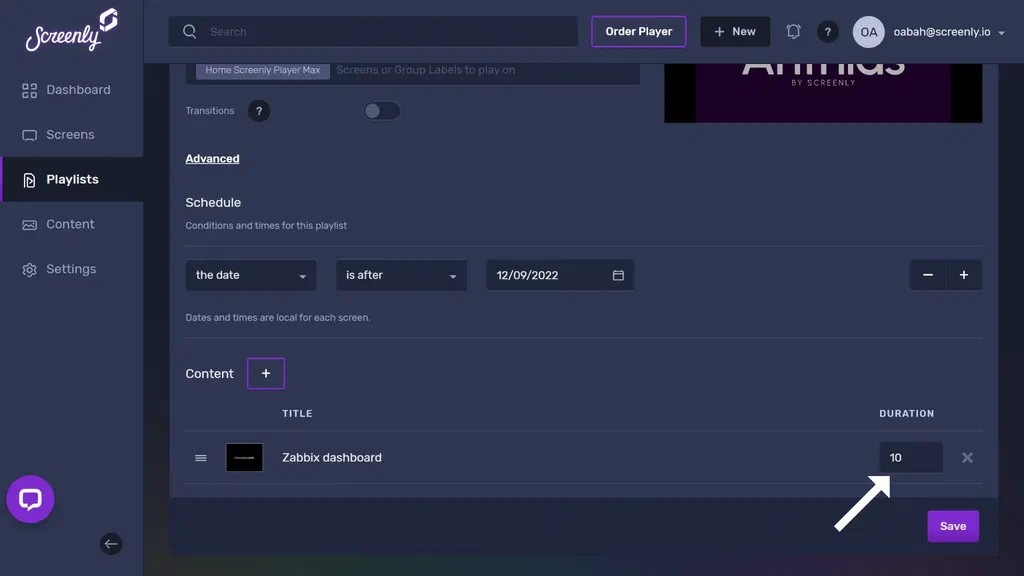 The popup modal to set the duration for the Zabbix dashboard content in the playlist